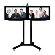Twin screen video conferencing trolley with camera shelf designed for