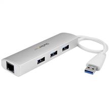 Silver, White | StarTech.com 3Port Portable USB 3.0 Hub plus Gigabit Ethernet  BuiltIn
