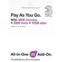 3 Pay As You Go Trio SIM (20 Credit) for any 3G or 4G Phone